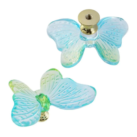 Butterfly Glass Cabinet Knobs Set Of 5 In Blue Green Single Hole Drawer Pulls for furniture, close-up of two knobs, glass alloy craft.