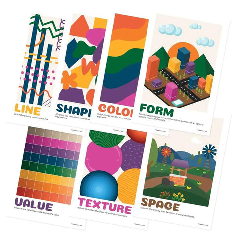 Seven Art Classroom Posters Set for Decor and Learning, Line, Shape, Color, Form, Value, Texture, Space, 12 by 18 Inches