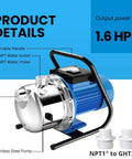 Plug And Play 1.6HP Portable Shallow Well Pump With A Heavy Duty Stainless Build showing power details and water outlet.