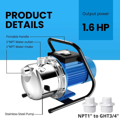 Plug And Play 1.6HP Portable Shallow Well Pump With A Heavy Duty Stainless Build showing power details and water outlet.