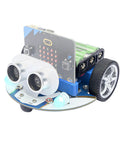 Mini Cutebot Robot Car Kit For BBC Micro:bit v2 And V1 - DIY Programmable STEM Car With Dual Motors, Graphical MakeCode Coding, Educational Build For Kids, Cute Compact Design, Battery Not Included. Front view with ultrasonic sensor and micro:bit board