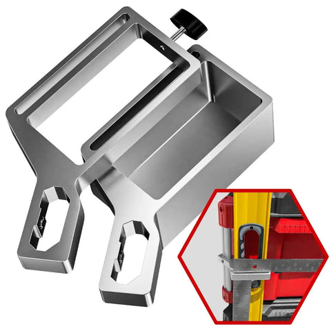 Level Mount Holder For Packout Tool Boxes And Organizers Compatible With All Aluminum Rail Packout Systems Safely Holds Levels Up To 2.8 Inches Wide By 1.5 Inches Deep Includes Set Screws Left Side Mount Upgrade, showing aluminum mount with set screws and installation example.