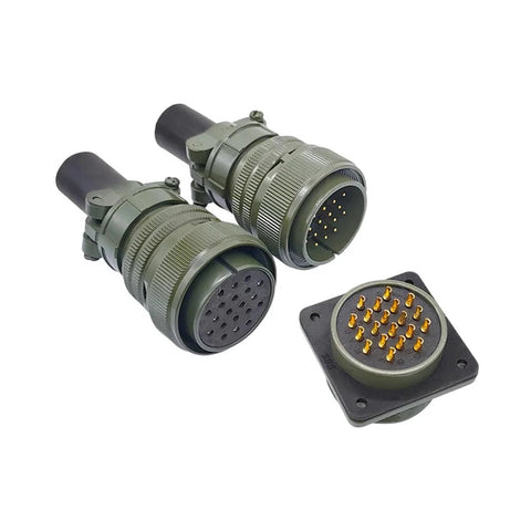 Front view of olive-green MIL-C circular connectors with multi-pin inserts and square panel-mount receptacle