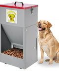 Tough As Nails Rolling Dog Feeder With Locking Casters, 25 Pound Heavy Duty Galvanized Steel Gravity Food Dispenser beside a dog.
