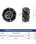 Front and side views of a 97mm mecanum wheel with black plastic body and rubber rollers; 97mm diameter, 44mm wide.