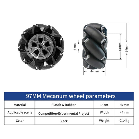 Front and side views of a 97mm mecanum wheel with black plastic body and rubber rollers; 97mm diameter, 44mm wide.