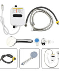 Instant Tankless Electric Water Heater 3500W With Lcd Display Compact components including heater, shower tap, and hoses.