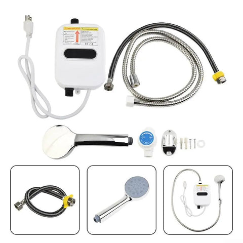 Instant Tankless Electric Water Heater 3500W With Lcd Display Compact components including heater, shower tap, and hoses.