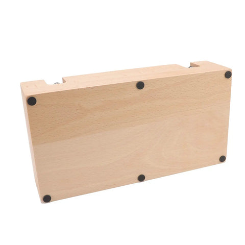 Premium Wood Espresso Tamper Holder Stand With Knock Box showing the sturdy wooden base and black rubber feet for grip.