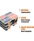 Stack of four black and orange boxes with clear lids, labeled material and color features, part of the Four Piece Hardware Organizer Set With Three Different Sized Boxes For Bolts Screws Nails Nuts And Small Parts Built Tough In Black And Orange PP Plastic For Your Garage And Workshop.