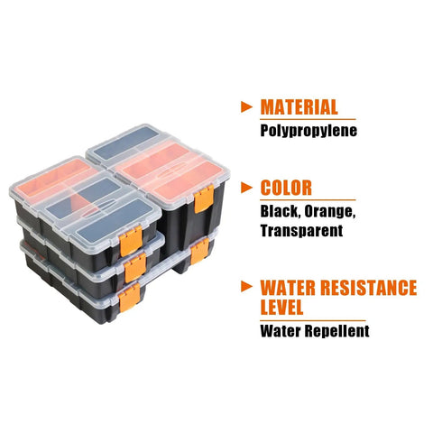 Stack of four black and orange boxes with clear lids, labeled material and color features, part of the Four Piece Hardware Organizer Set With Three Different Sized Boxes For Bolts Screws Nails Nuts And Small Parts Built Tough In Black And Orange PP Plastic For Your Garage And Workshop.