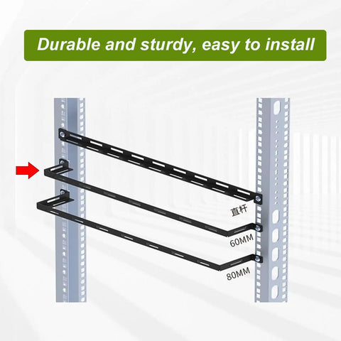 Heavy-Duty 0.5U Server Rack Cable Lacing U-Bar, 19 Inch Horizontal Mount Steel Bar, Pro-Level Cable Management Kit For Neat Racks And Clean Routing mounted on a server rack.