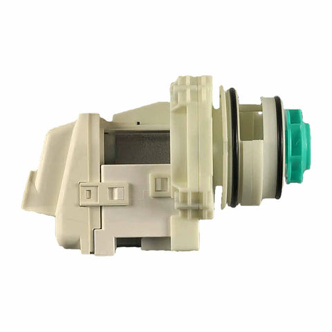 Side view of Dishwasher Pump And Motor Assembly 5304519906 Replacement Part in beige, showing OEM quality and connectors.