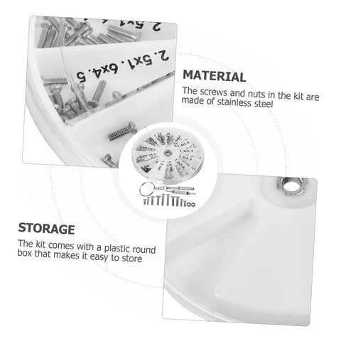 Eyeglass Repair Kit With Screws And Mini Screwdriver Components For Quick Fixes To Glasses Sunglasses And Watches Includes Convenient Round Storage Box And Travel Ready Assortment For Home Or On The Go showing stainless steel screws and storage box.