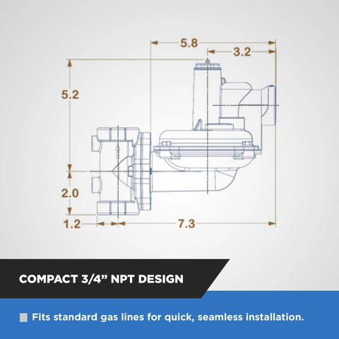 Natural gas regulator NGR02-75 by Amazon, 3/4 in NPT, side blueprint with dimensions