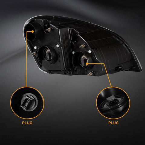 Rear view of Pair Black Housing Headlights For Freightliner Cascadia 2008 2016 With All Bulbs Included showing plug connections