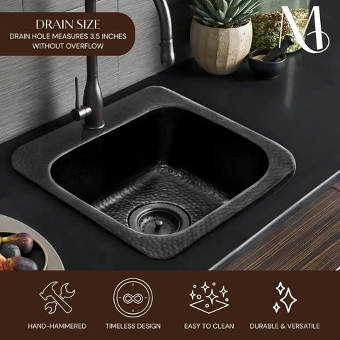 15 Inch Baxter Drop In Small Bar Sink With Hand Hammered Matte Black Aluminum Finish Faucet Hole Ready For Wet Kitchens Dope Decorative Single Drop In RV Sink For Your Home Bar Setup shown in modern kitchen setting