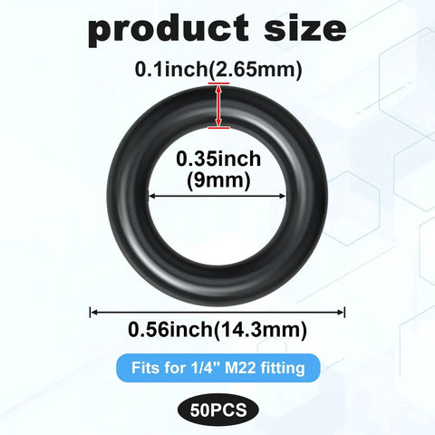50 Pack Thickened O-Rings Set For 1/4 Inch And M22 Quick Connect, Pressure Washer Replacement Seals, dimensions shown with labels