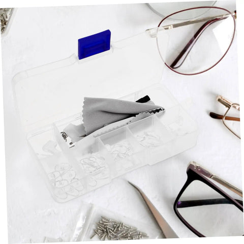 Open glasses repair kit with screws, nose pads, and precision screwdriver tools for quick eyeglass fixes at home.