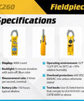 Diagram showing specifications of Compact HVACR Clamp Meter With True RMS Temperature Capacitance And Backlight For Field Service
