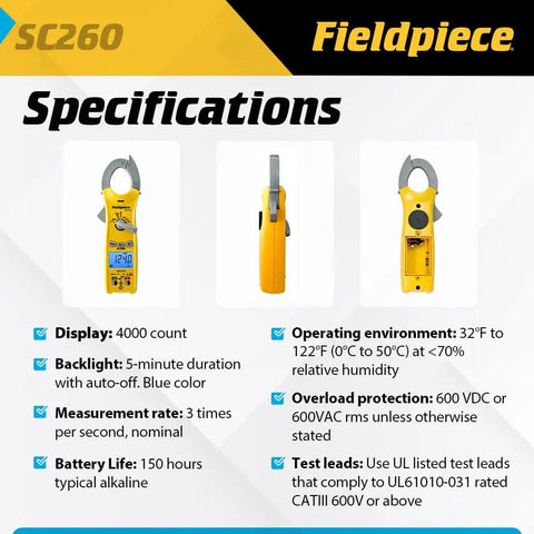 Diagram showing specifications of Compact HVACR Clamp Meter With True RMS Temperature Capacitance And Backlight For Field Service