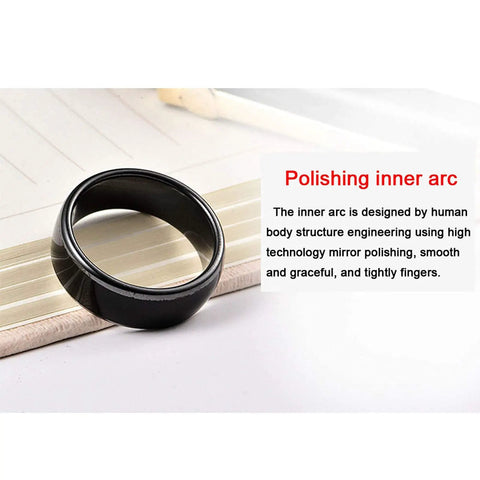 RFID UID Ring 125KHz And 13.56MHz Black Ceramic Smart Finger Ring for Access Control on a wooden surface, polished inner arc design.