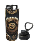 Steampunk Gears Print Insulated Water Bottle For Gym Outdoor Travel And Office Use Built For Your Active Lifestyle Durable Double Wall Stainless Steel Keeps Drinks Hot Or Cold For Hours Sweat Free Hydration On The Go viewed from the side with lid off