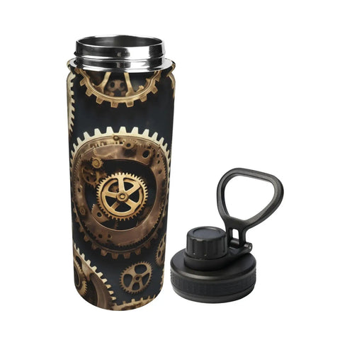 Steampunk Gears Print Insulated Water Bottle For Gym Outdoor Travel And Office Use Built For Your Active Lifestyle Durable Double Wall Stainless Steel Keeps Drinks Hot Or Cold For Hours Sweat Free Hydration On The Go viewed from the side with lid off