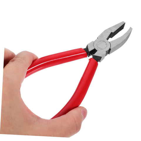 Running Pliers For Glass Cutting With Curved Jaw Grozing Tool For Stained Glass Mosaic Fusion Projects, Pro Grade Debris Free Breaks And Precise Cuts For Colored Glass Materials, red handled pliers held in hand