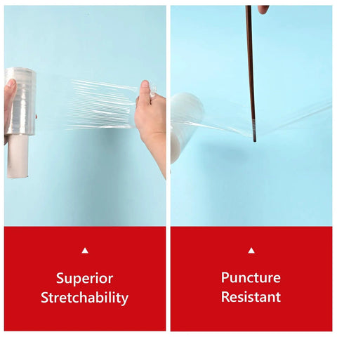 5 Inch X 492 Ft Stretch Roll Handle, Self Adhesive Shrink Film for Packing Moving Storage demonstrating stretchability and puncture resistance.