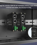 Plug And Play 95W PoE Plus Injector Gigabit Network Power Adapter mounted on DIN rail, showing ports and connections.