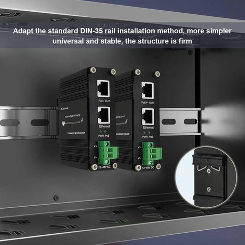 Plug And Play 95W PoE Plus Injector Gigabit Network Power Adapter mounted on DIN rail, showing ports and connections.