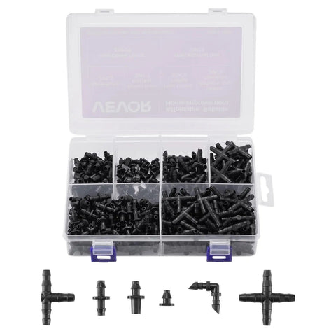 Ultimate 300 Piece Drip Irrigation Fittings Kit in open case showing connectors, tees, and couplings for 1/4 inch tubing