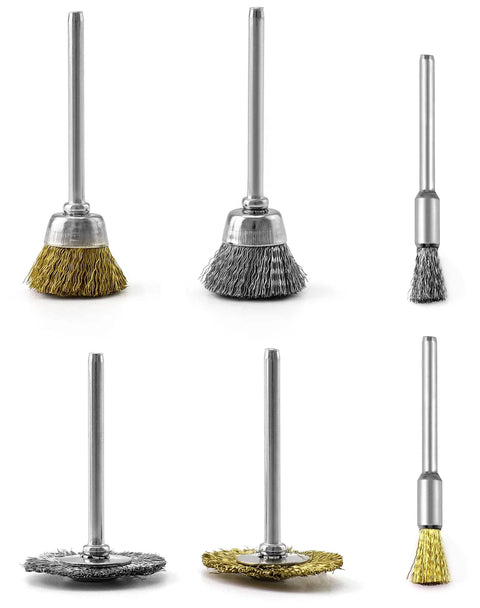 QWORK 6-piece brass and stainless steel rotary tool wire brush kit with polishing wheels