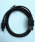 Black USB cable with standard USB and micro USB connectors, coiled on a white background, used for connecting devices.