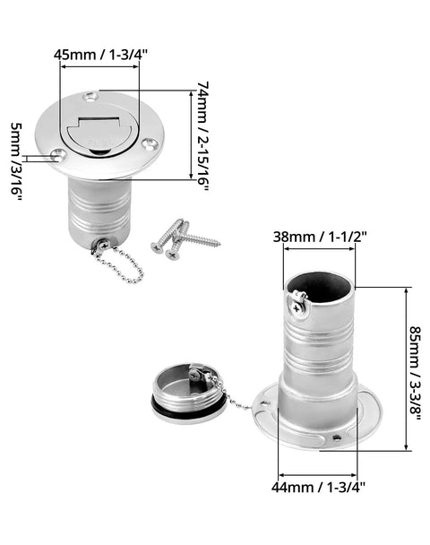 Straight Marine Fuel Deck Fill 38mm One And A Half Inch With Stainless Steel 316 Body And Keyless Cap For Boats Yachts And RVs Rugged Deck Filler Fitting For Easy Refueling, shown with dimensions and detachable cap.