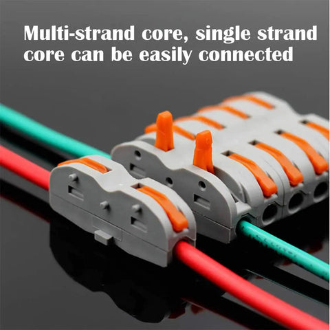 SPL-1 Compact Wire Connectors With Lever, Double-Sided Electrical Terminal Blocks connected to red and green wires
