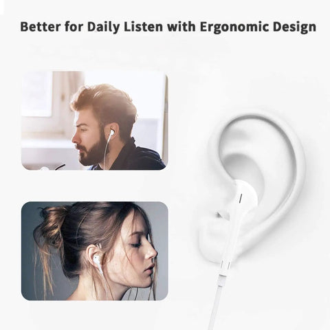 People wearing USB C Earbuds With Microphone And Remote For iPhone And Android Devices Wired Type C Headphones With Noise Cancellation