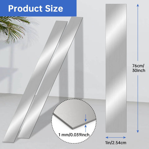 2 Pack 304 Stainless Steel Brushed Trim Strip Gap Filler For Home And Kitchen Projects Easy Install 30 Inch Long By 1 Inch Wide By 0.04 Inch Thick Bendable And Cuttable Drillable Sheet Metal Edging For Finishing, shown vertically with size chart.
