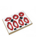 Seven Piece Aluminum Corner Radius Template Kit For Precision Woodworking And Cabinet Edge Rounding with distinct red templates.