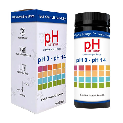 Easy Read pH Test Strips For Urine, Saliva, And Water 0 To 14 Universal Plastic Strips packaging and tube