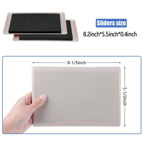 8 Pack Furniture Sliders For Carpet Large 8.2 X 5.5 Inch Heavy Duty Glide Pads in beige, showing dimensions and hand holding pad.