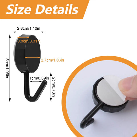 Black Self Adhesive Hooks 20 Pack Tough As Nails Sticky Wall Hangers With Super Grip Nail Free Organizers For Cabinet Door Closet Rust Proof Space Saving Storage size details with measurements shown