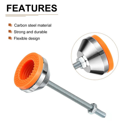 Heavy Duty Adjustable Leveling Feet With M8 X 100mm Thread, yellow rubber capped base, carbon steel, close-up view.