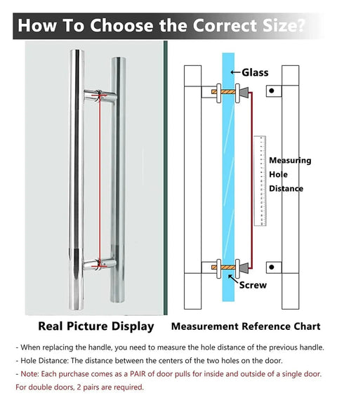 How to choose the correct size for Slick Aluminum Door Handle For Sliding Glass Doors, with measurement reference chart.