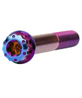 Close-up of burnt blue titanium M10 flange bolt with 12-point head, 55mm length, 1.5mm pitch