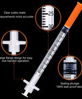 No Sweat 0.5 Ml Syringe With 31G 5/16 Inch Needle Pack Of 25 Sterile And Individually Bagged For Spot On Measurements Smooth Plunger Glide Rock Solid Grip with clear measurement scales and large flange.