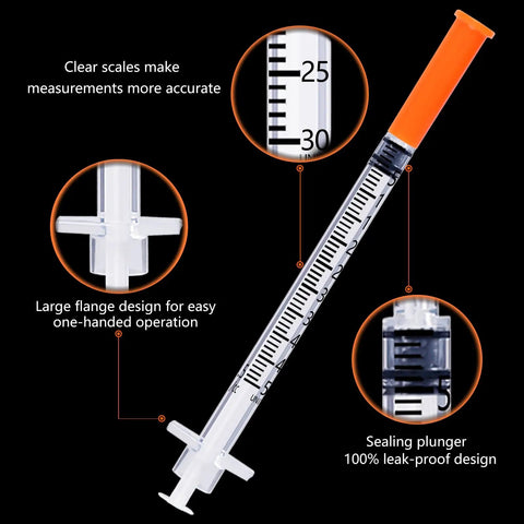 No Sweat 0.5 Ml Syringe With 31G 5/16 Inch Needle Pack Of 25 Sterile And Individually Bagged For Spot On Measurements Smooth Plunger Glide Rock Solid Grip with clear measurement scales and large flange.