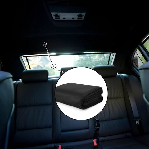 Black suede automotive headliner fabric with 1/9 in. foam backing, 98 x 60 in, shown in car interior