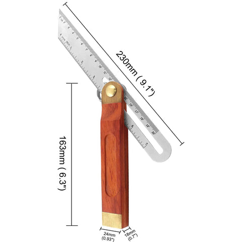 Premium 9 Inch T Bevel Angle Finder With Solid Wooden Handle And Rustproof Stainless Steel Blade showing dimensions for precise carpentry tasks.